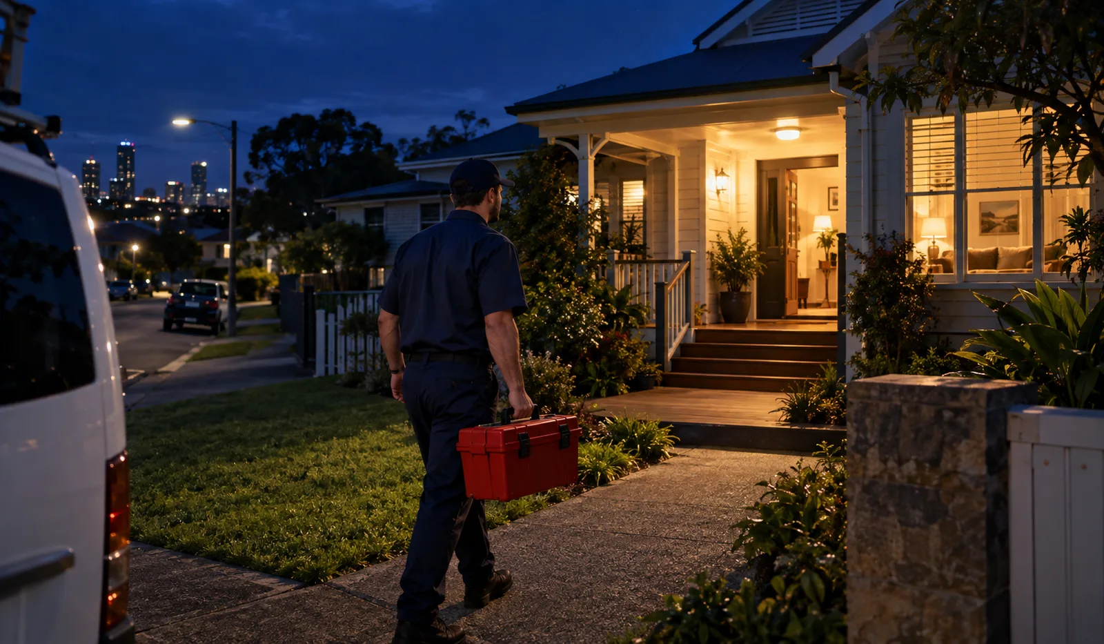 Plumber with a red toolbox at a Brisbane house at night