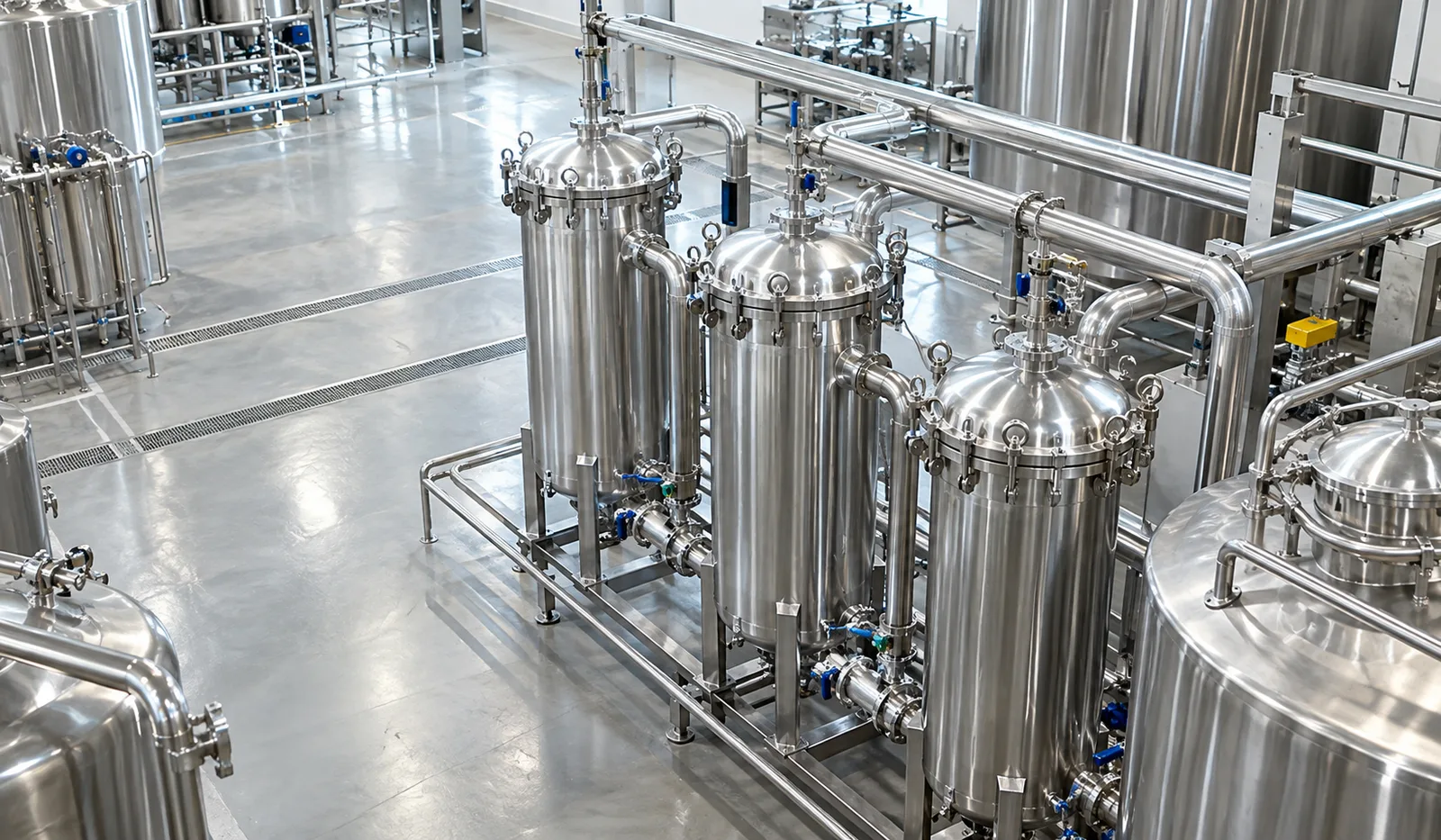 Stainless steel filter housings in a food processing facility