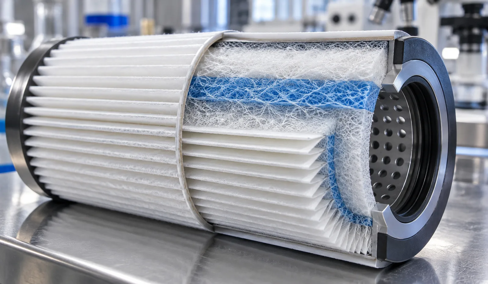Cross-section of a pleated filter cartridge showing layered media