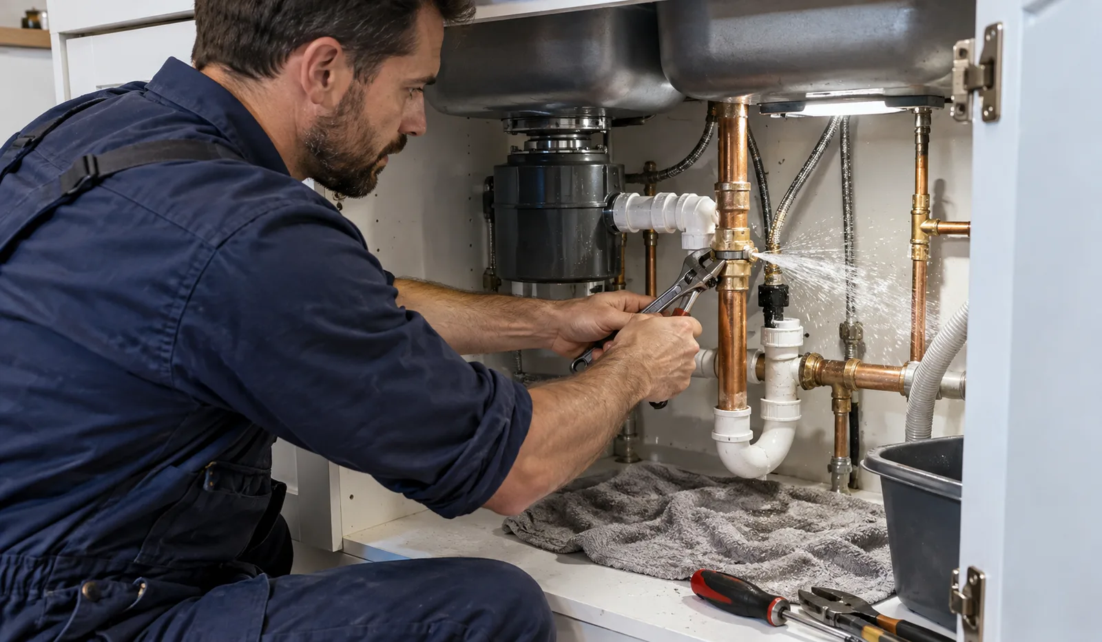 Plumber repairing a burst pipe beneath a kitchen sink
