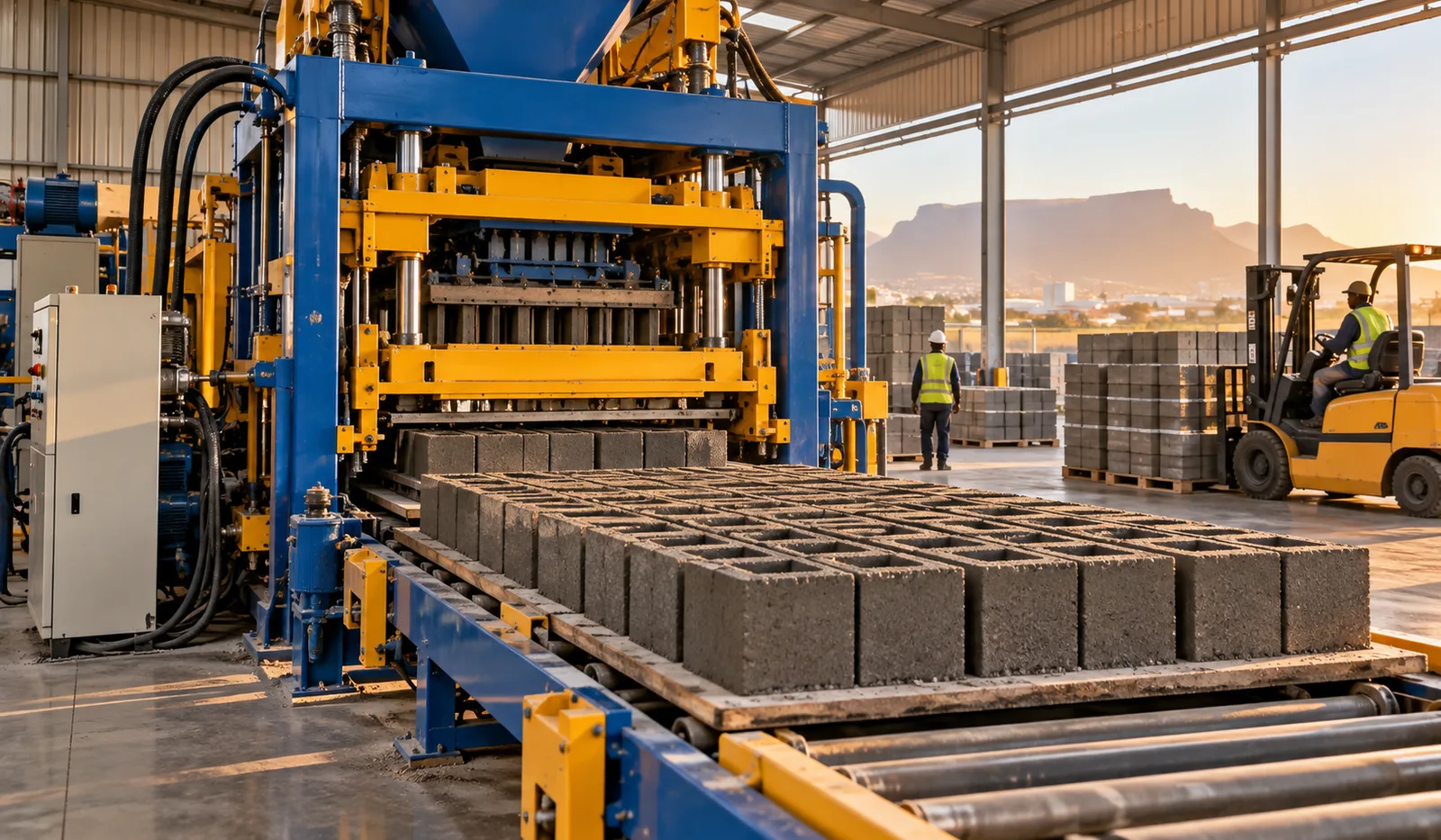 Brick making machine producing concrete blocks in a South African factory.
